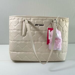 NWT Betsey Johnson Chalk Quilted Heart Tote w/ Pink Bear Charm